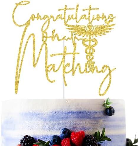 Pack of 2, Gold Glitter Congratulations on Matching Cake Topper, Happy Match Day/It's A Match, Funny 2025 Match Day Doctor Graduation Party Decorations Supplies