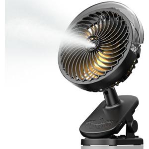 Portable Misitng Fan, 8000mAh Battery Operated Clip On Fan with Clip for Desk, Auto Oscillating, 3 Speeds, 2 Mist Modes with Remote, Working Time for Home Stroller Office and Outdoor-Black