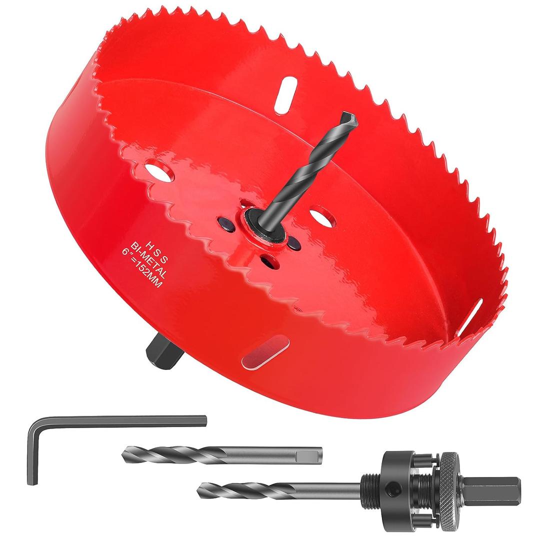 6 Inch Hole Saw - 152mm HSS Bi-Metal Hole Saw - Heavy Duty Hole Cutter for Metal/Wood with Smooth Flat Edge, Fast Chip Removal, Ideal for Cornhole Boards, Bean Bags, Recessed Lights