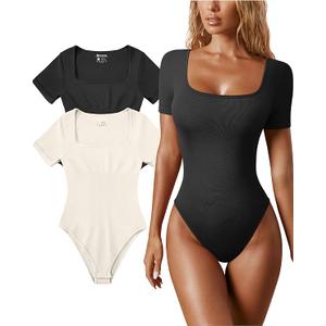 OQQ Women's 2 Piece Bodysuits Sexy Ribbed One Piece Square Neck Short Sleeve Bodysuits Black White. Large