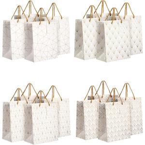 Sparkle and Bash 16-Pack Medium White and Gold Gift Bags with Handles & Tags for Weddings Baby Bridal Showers Birthday Party Favors, 4 Geometric Foil Designs (8 x 10 x 4.5 Inch Gift Bag)