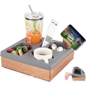 Couch Cup Holder Tray, Silicone Wooden Couch Caddy with Cup Holder for Snacks, Drinks, Remotes, Waterproof Cup Holder for Couch, Organizer, Couch Drink Holder, Sofa Cup Holder