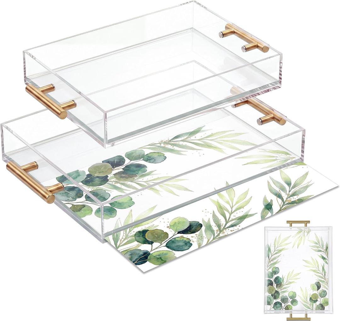 2 Pack Acrylic Serving Tray with Gold Handles 11"x14" 12''x16'' Clear Tray Customizable Bottom Replaceable Photos for Coffee Table Bar Bathroom(Green Leaves)