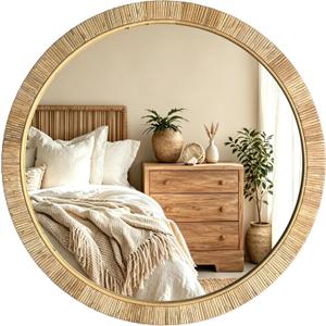 Decorative Rattan Wall Mirror, Boho Bathroom Modern Makeup, Rustic Wall Bohemia Mirrors for Bedroom, Living Room, Vanity Versatile Farmhouse, Nursery, Bathroom (Round 28“x28”