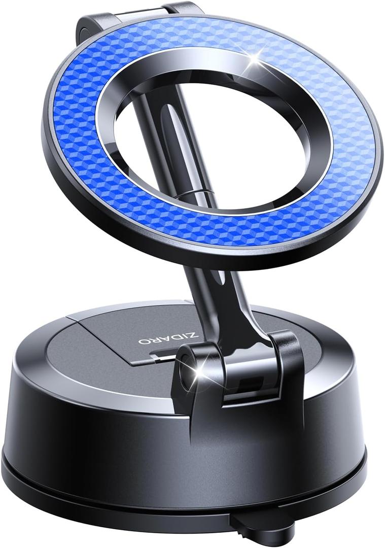 Vacuum Magnetic Car Phone Holder, 360Adjustable, Compatible with iPhone 12-17 Series & Dashboard Mount & Tesla, 80+LBS Strong Suction Cup Phone Holders for Your Car, MagSafe-Compatible (Blue)