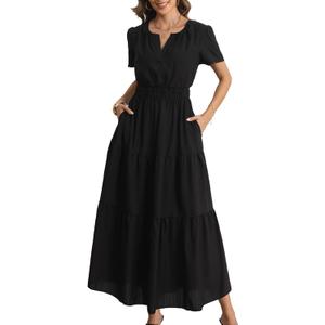 Rainday Womens Casual Maxi Dresses Fashion Holiday Short Sleeved Elastic Waist Beach Boho Dress with Pockets(Z3918BK, 2XL)
