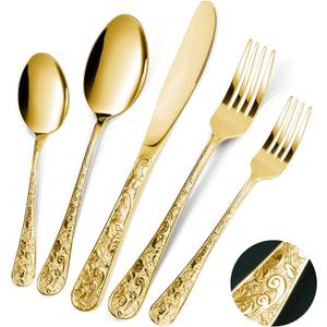 Gold Silverware Set, 30 Pieces Vintage Carved Flatware Set for 6, Stainless Steel Cutlery Set with Knife/Fork/Spoon,Utensil Set for Home and Kitchen, Dishwasher Safe