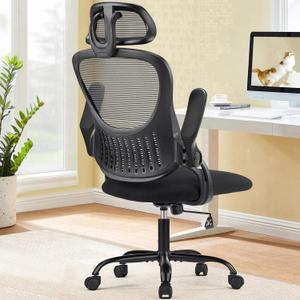 Sweetcrispy Office Computer Desk Chair, Ergonomic High-Back Mesh Rolling Work Chairs with Wheels and Adjustable Headrests, Comfortable Lumbar Support, Comfy Flip-up Arms for Home, Bedroom, Study,Black, Flip-up Armrest