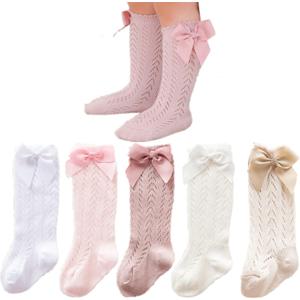 Baby Girls Knee High Socks Toddler Bow Mesh Long Stockings Infants Thin Socks For Spring Summer (0-12 Months, 5-pack Mesh)
