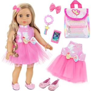 American 18 Inch Doll Clothes and Accessories, Sequin Dolls Backpack Accessories Set Included 18 inch Girl Doll Backpack,Sequin Gauze Dress, Shoes,Bow Knot Hairpin,Hand Chain