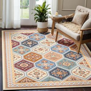 5x7 Washable Area Rug with Non-Slip Backing Low-Pile Soft Moroccan Printed Rugs for Living Room Bedroom Dining Room Farmhouse Home Office- Multi