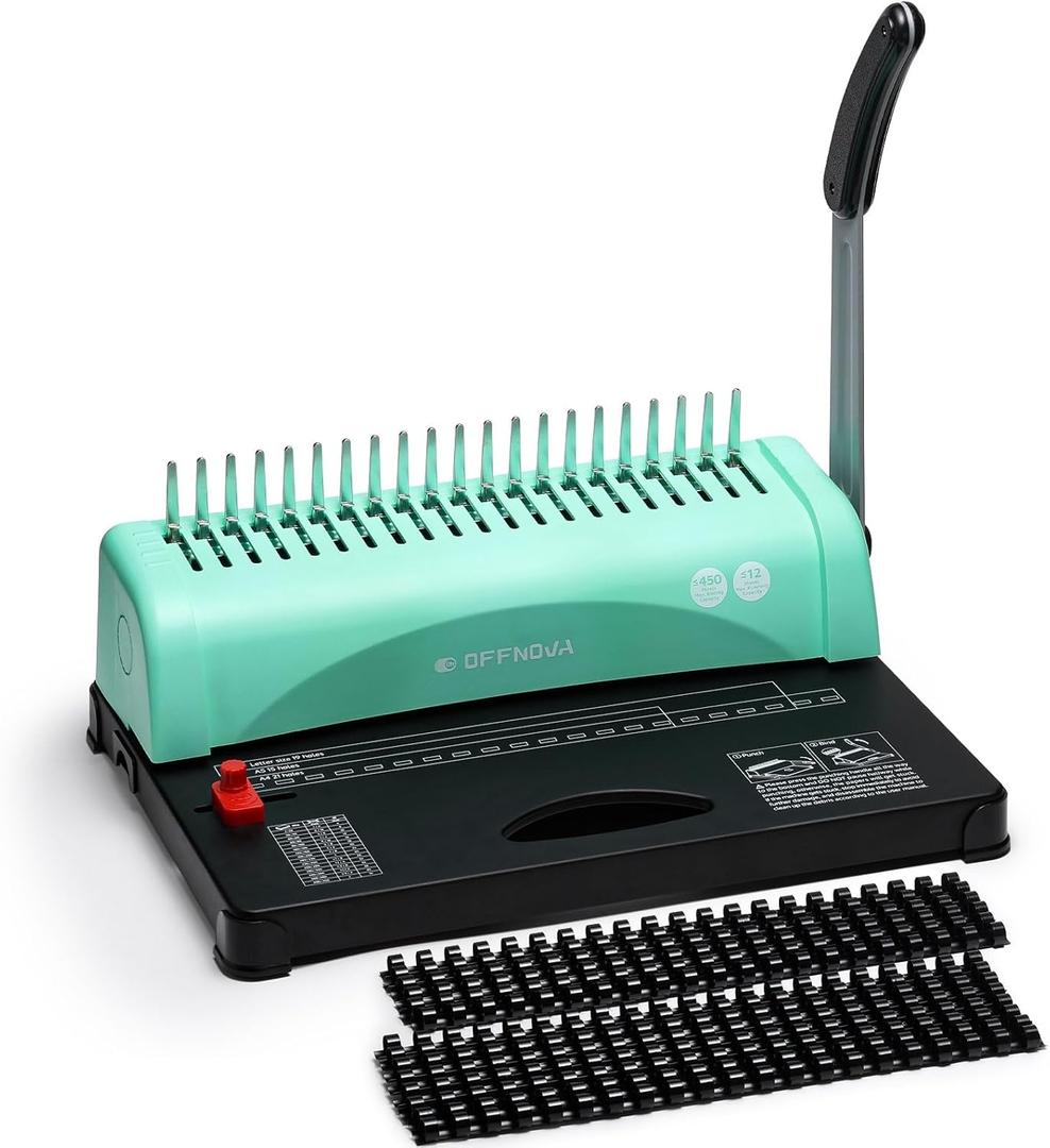 OFFNOVA Binding Machine, 21-Hole 450 Sheets Paper Comb Binding Machine for Letter Size / A4 / A5 Paper, Easy to Punch Handle, Adjustable Margin, Book Binder with 100 PCS 3/8'' Comb Binding Spines