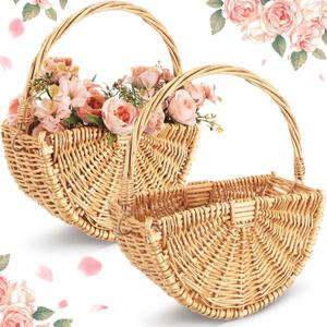 2 Pcs Wicker Flower Girl Baskets Half Moon Rattan Wedding Baskets Woven Christmas Empty Gift Basket with Handle Hand Woven Flower Basket Purse Bag for Women Home Decorations (Light Color)