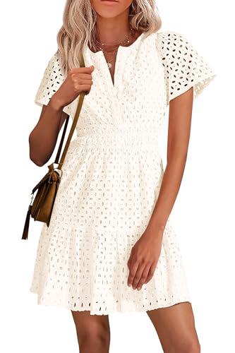 PRETTYGARDEN Womens 2025 Summer Short Dress V Neck Short Sleeve A Line Hollow Out Lace Ruffle Cute Casual Beach Party Dresses (White,Small)