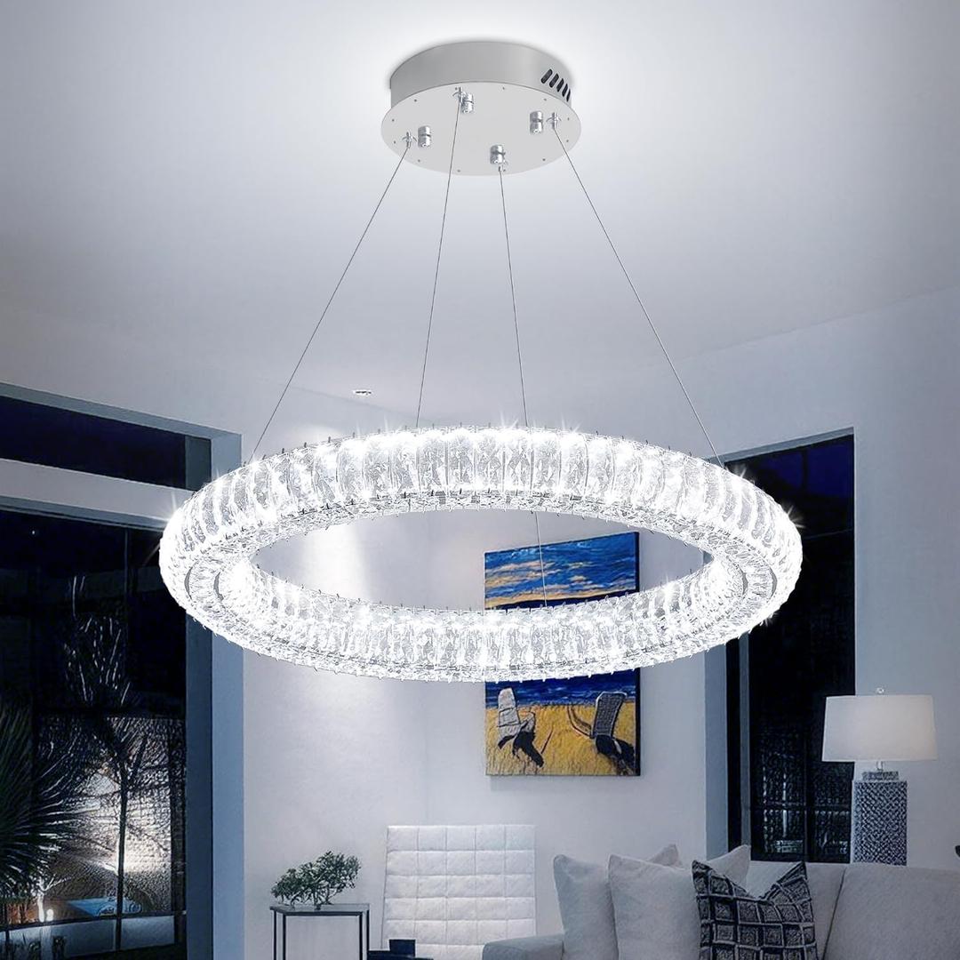 23.6'' LED Ring Chandelier Modern Crystal Ring Pendant Light Adjustable Round Chrome Crystal Chandelier Light for Dining Room Living Room