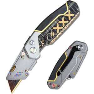 Folding Lock Back Utility Knives, Heavy Duty Folding Box Cutter, Pocket Carpet Cutter Knife Handmade With Clip (Black)