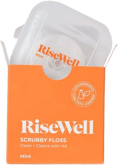RiseWell Scrubby Tooth Floss - Natural PFAS Free Dental Floss for Teeth with Hydroxyapatite and Xylitol - Dentist-Formulated Plaque Remover for Teeth - Vegan, Natural, Expanding, Mint Waxed, 30 Yards