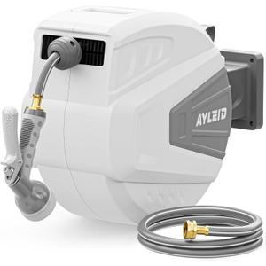 Ayleid Retractable Garden Hose Reel, 1/ 2 in x 100 ft Wall Mounted Hose Reel, with 9- Function Sprayer Nozzle, Any Length Lock/ Slow Return System/ Wall Mounted/ 180°Swivel Bracket (Gray)