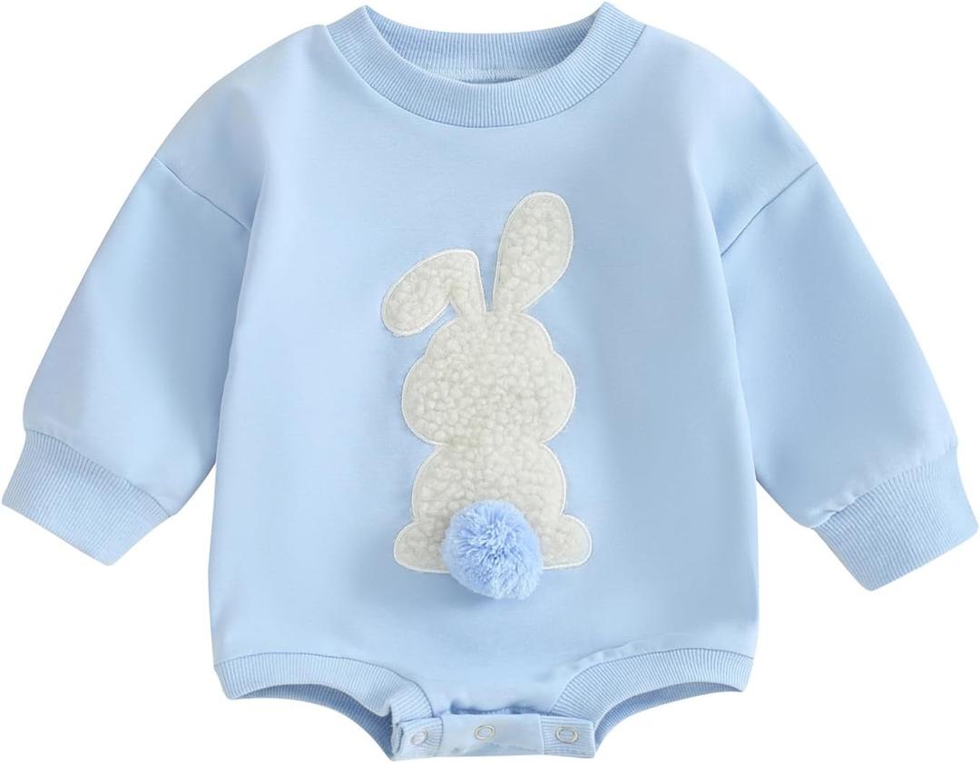 Toddler Baby Girl Clothes Cute Bunny Embroidery Long Sleeve Sweatshirt Romper Newborn Girl Boy Easter Outfit (0-6 Months, Blue)