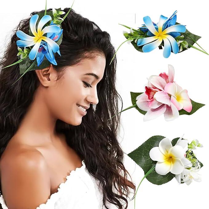 HAIMEIKANG Hawaiian Flower Hair Clip - 3 Pieces Large Artificial Tropical Flower Hair Pins for Women in Blue, Pink, White - Hair Accessories for Wedding, Party, Daily Use