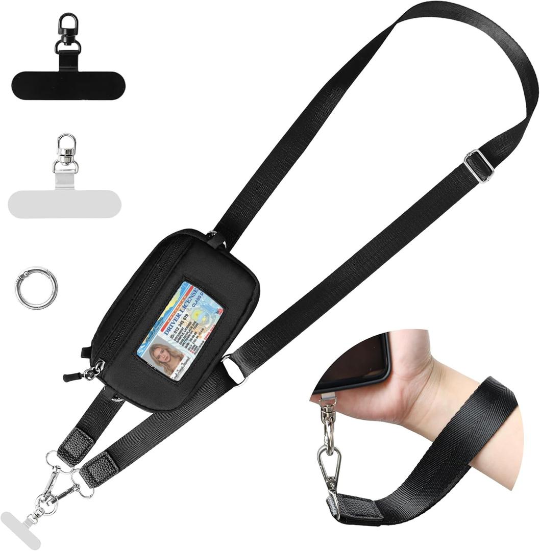 FUVLIFE Clip and Go Strap for Phone with Wallet Crossbody, Cell Phone Lanyard for Women Men, Adjustable Phone Strap with Detachable RFID Wristlet Wallet for All Phone (Black)