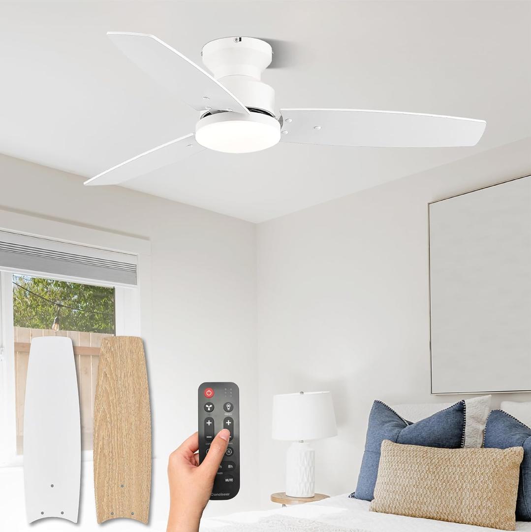 Modern Ceiling Fans with Lights, 42 Inch Ceiling Fan with Light and Remote, Bedroom Living Room Office Outdoor, Flush Mount,18W 3CCT 3 Blades 6 Speed Reversible Quiet DC Motor, White/Wood Grain (MWH-WD)