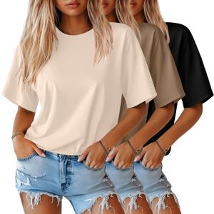 Huukeay 3 Pack Women's Half Sleeve T-Shirts, Crew Neck Elbow Length Tops Loose Casual Basic Tees Summer Cotton Tunic Tops (Large, Black, Cream, Khaki)
