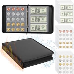 Coin Book Collection Holder for Collectors - 520 Pockets Fireproof Coins Collecting Album & 36 Sleeves Money Storage Case for Coin Currency Collection Supplies, Pennies, Bill, Stamp, Quarters