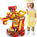 Kids Kitchen Playset - Pretend Play Restaurant Food Set for Toddlers with Cart, Grill and Apron Play Kitchen Toys Accessories with Lights and Sounds Christmas Birthday Gift for Kids Girls Boys Ages 3+