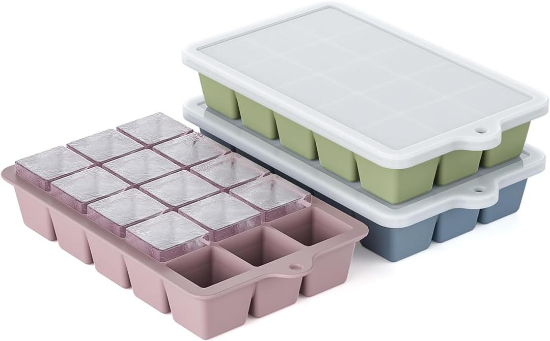 Silicone Ice Cube Tray 3 Pack, HANCELANT Ice Cube Mold, Ice Trays for Freezer with Lid for Whiskey, Baby Food, BPA Free, Easy Release (Blue+Green+Pink)
