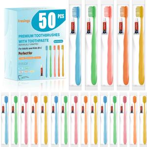 50 Pack Disposable Toothbrushes with Toothpaste, Individually Wrapped, Soft PBT Bristles, Peanut Grip Handle, Fluoride-Free, Bulk Travel Kit for Hotel, Guests, Emergency, Adults & Kids