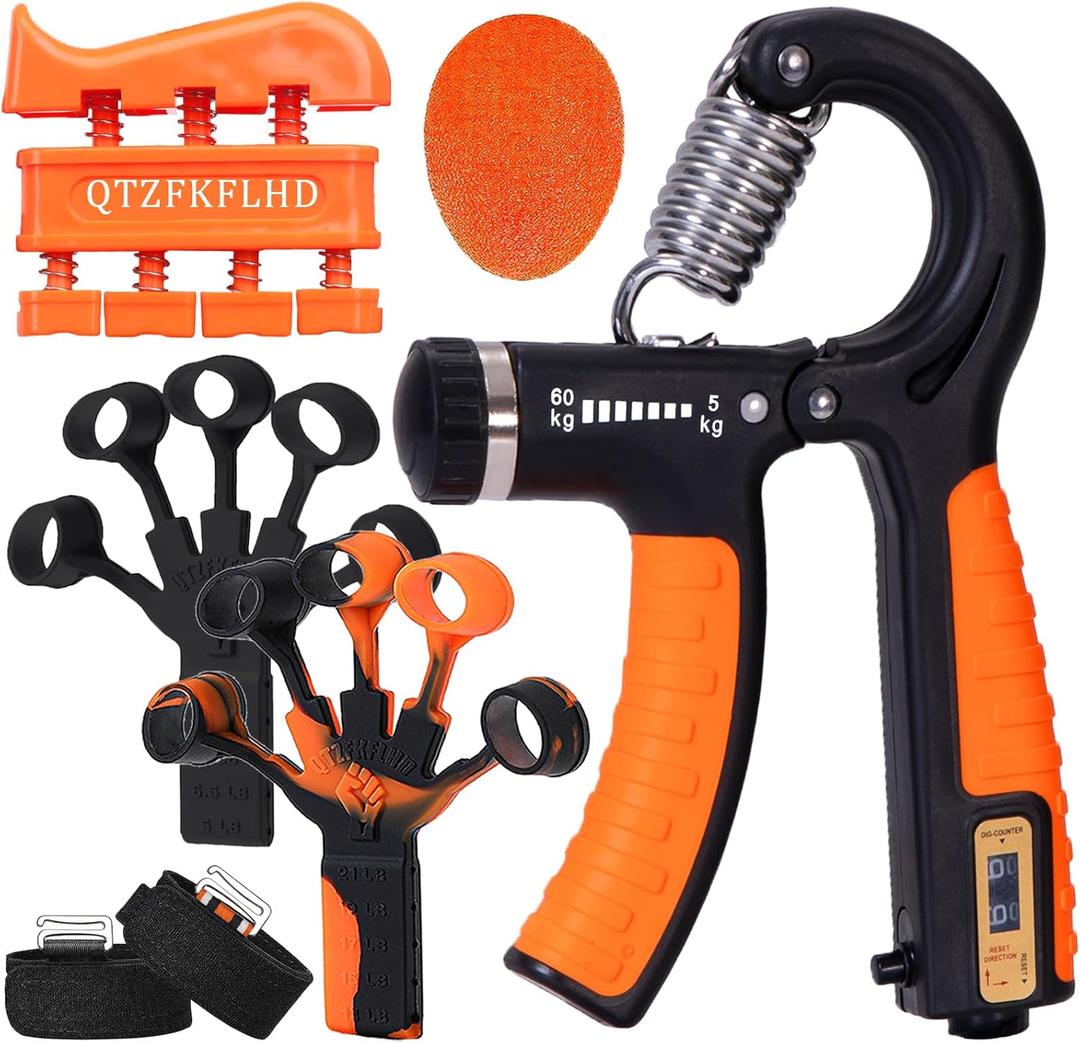 Grip Strength Trainer with Forearm Strengthener, Hand Grip Strengthener, Hand Extension Exerciser, Stress Relief Ball and Hand Grip Strengthener for Muscle Building and Injury Recover(5 PCS) (03-Orange)