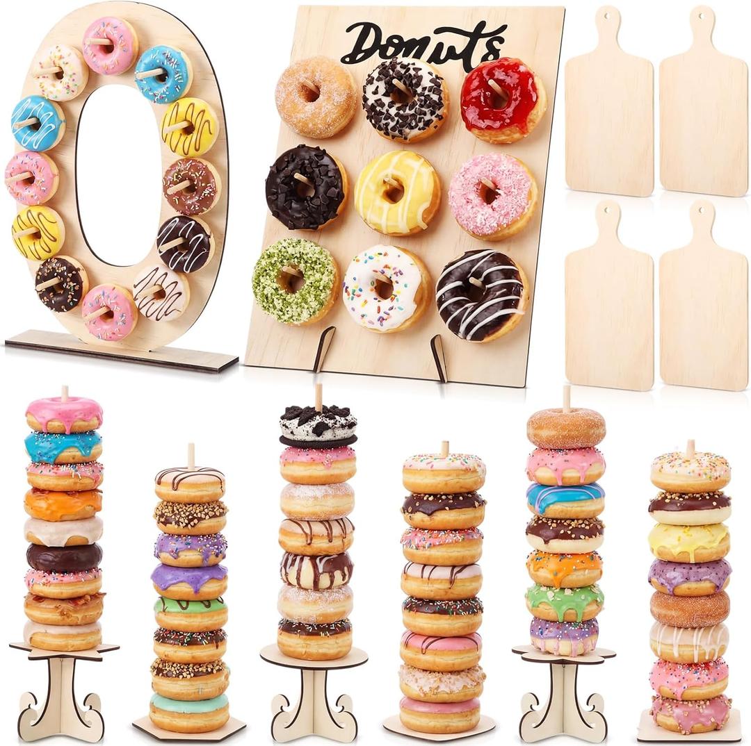 Lallisa 12 Pcs Wooden Donut Stand Set Number 0 Donut Display Stand 1 Doughnut Wall Display 4 Mini Charcuterie Boards 6 Doughnut Holder Tower for Dessert Table Birthday Wedding Baby Shower Party Decor