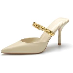 Jeesay Women's Pointed Toe Stilettos Mules Heels Pumps Slip on Gold Chains Mary Jane Dress Heels Sandals (US 9, Ivory)