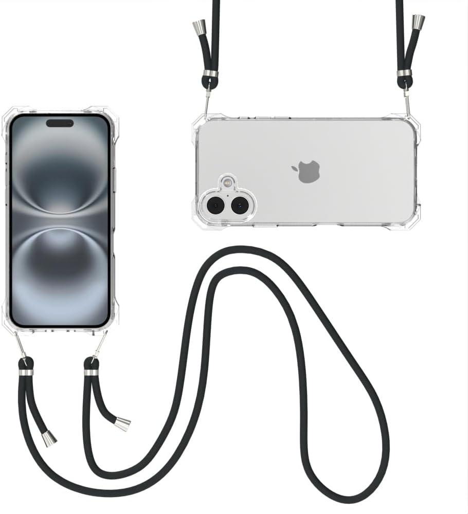 for iPhone 16 Crystal Clear Case with Detachable Adjustable Crossbody Strap, Slim Fit Shockproof Protective Phone Case with Anti-Lost Shoulder Neck Lanyard 6.1" 2024