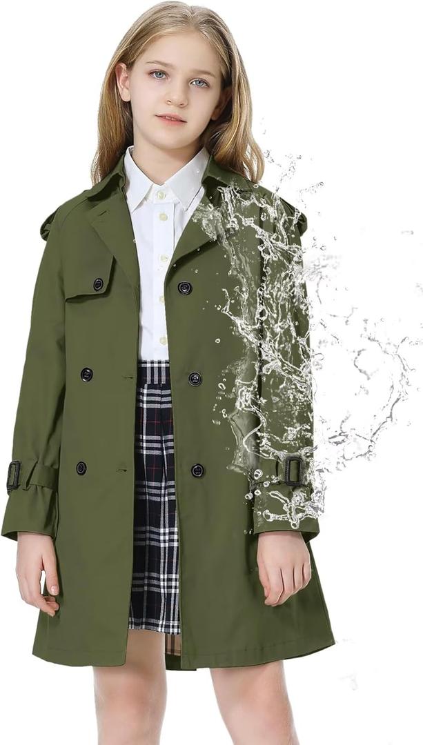 Betusline Girls Trench Coat Double Breasted Classic Lapel Belted Windproof Overcoat Outwear, 2# Army Green,11-12 Years
