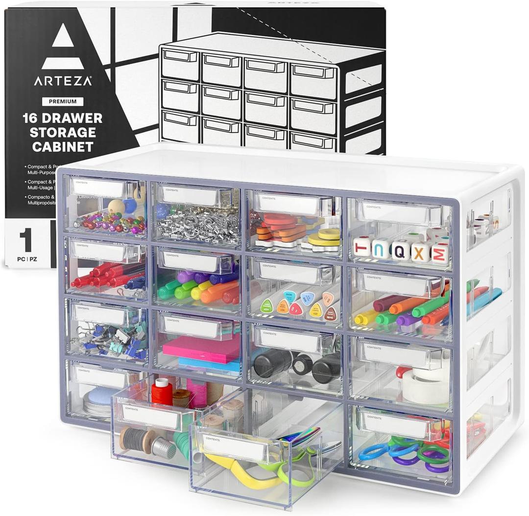 Arteza 16 Drawer Organizer and Storage Cabinet  Clear Plastic, Stackable Drawers for Makeup, Crafts, Sewing, Office Supplies, Small Parts & Tools.
