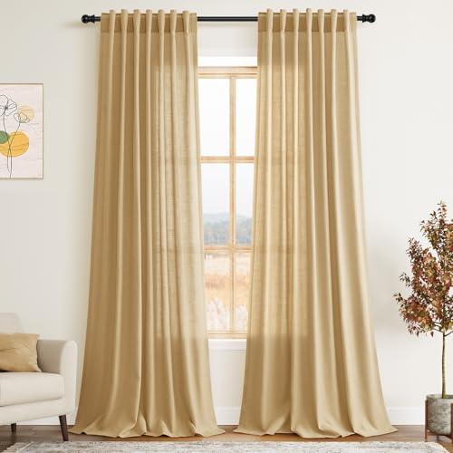 Gold Yellow Linen Curtains 108 Inches Long for Living Room 2 Panels Set Extra Long Back Tab Curtain Semi Sheer Light Filtering Gold Yellow Drapes Floor to Ceiling Curtains for Large Windows 52x108