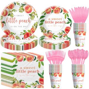 Peach Baby Shower Decorations Tableware, Little Cutie Sweet As A Peach Baby Shower Party Supplies, Paper Plate, Cup, Napkin, Disposable Cutlery, Serves 24