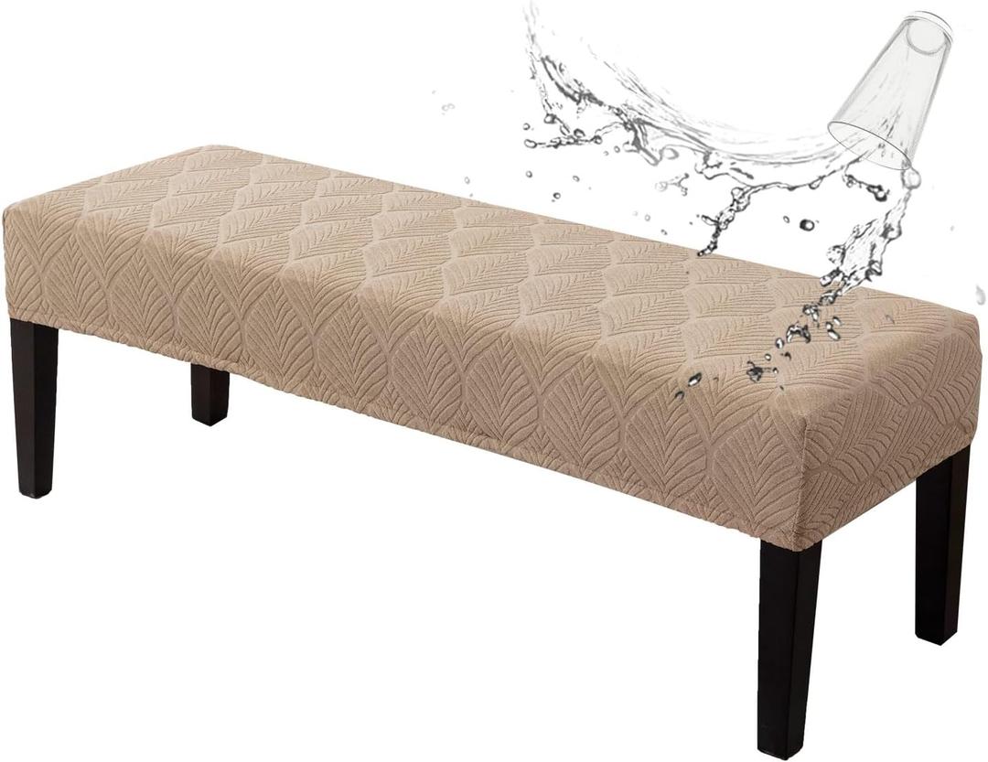 Genina Waterproof Dining Room Bench Covers, Stretch Jacquard Bench Seat Protector Cover, Rectangular Bench Cover for bedrooms, Living Rooms, Kitchens, Removable, Washable (Khaki, Leaf) 3"D x 5"W x 3"H