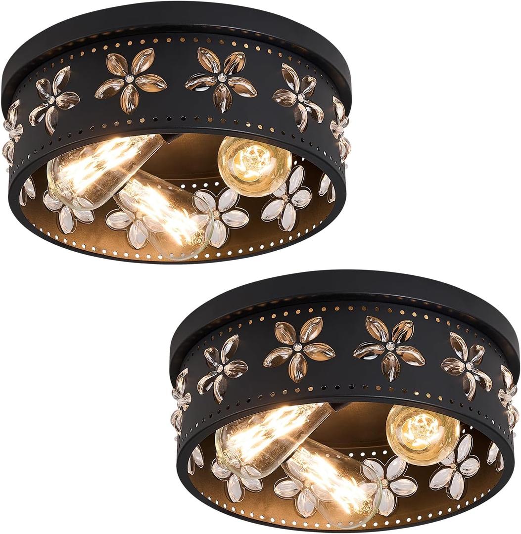 12.6 inch Black Flush Mount Ceiling Light Fixtures, 3-Light Ceiling Mount for Industrial, Crystal Light Fixtures for Farmhouse, Bedroom, Living Room, Kitchen, Hallway and Foyer (2 Pack)