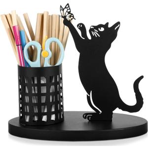 Tandefio Cat Pen Holder for Desk Cute Black Pencil Holder Metal Desk Accessories Organizer Makeup Brush Pen Cups for Office Home Decor Table Centerpiece Lover Gifts Women(Standing)