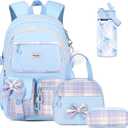 Bevalsa Backpack for Gilrs, Bow Plaid Bookpack with 14oz Insulated Water Bottle, Lunch Bag & Pen Case, Schoolbag for Kids & BPA-FREE Stainless Steel Metal Cup for Elementary Middle Student (Blue)