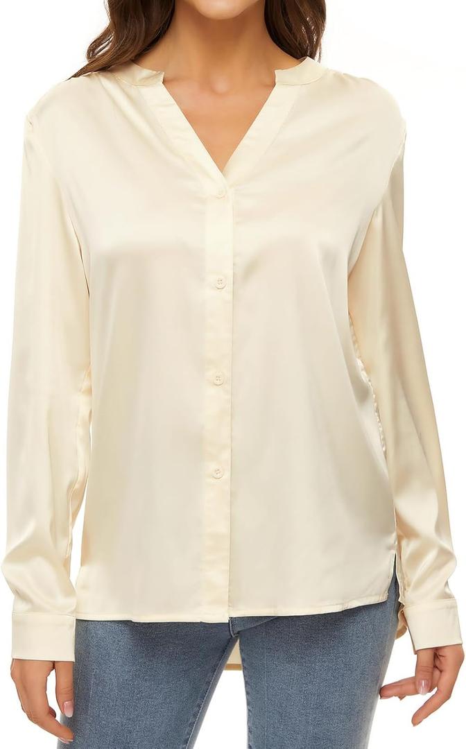 Women's Silk Blouse Long Sleeve Lady Shirt Casual Office Work Blouse Shirt Tops (3X-Large, V Neck-champagne)