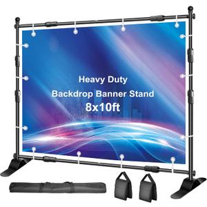 FUDESY Backdrop Banner Stand, 10x8ft Heavy Duty Display Frame, Adjustable Metal Telescopic Tube, Step and Repeat Background Stand Kit for Trade Show, Photography Photo Booth, Party, with Sandbags