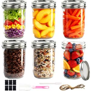 Wide Mouth Mason Jars 16 Oz With Lids, Glass Jars with Airtight Lids And Band, Safe For Canning, Food Storage, Pickling, Overnight Oats Container, Pint Size (Pack Of 6)