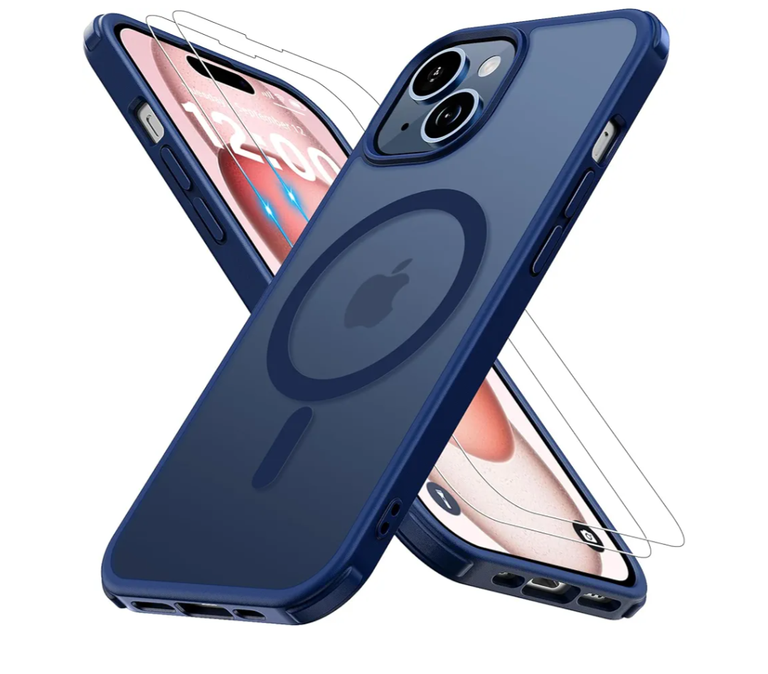 Iokmax Magnetic for iPhone 15 Pro Max Case [Compatible with MagSafe]with 2X Screen Protector, MilitaryGrade Slim Shockproof Phone Cover Translucent Matte AntiFingerprint AntiScratch,6.7 inch,(Purple, Black, Blue), Set of 3