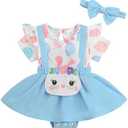 Gueuusu Baby Girl Easter Clothes Ruffle Short Sleeve Blue Easter Eggs Print Overall Romper Dress Headband Cute Newborn Outfit 2 Pack 9-12mon