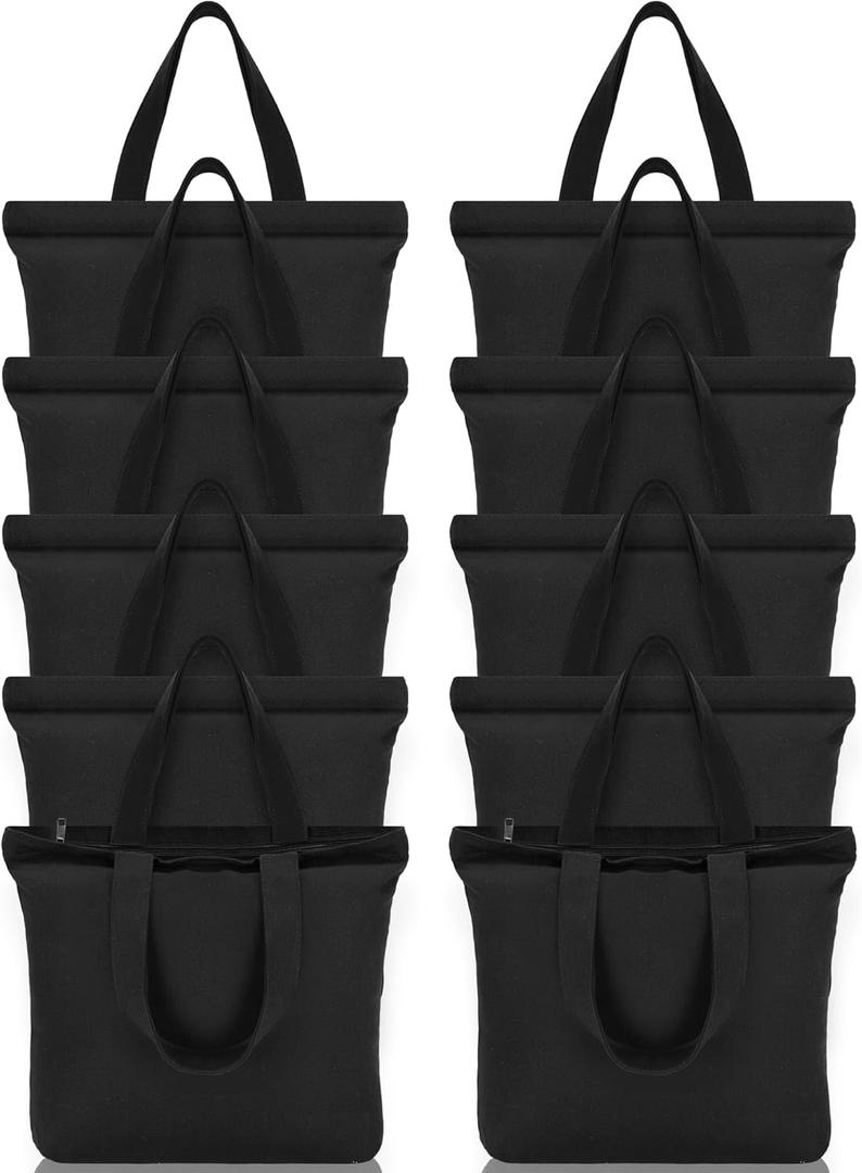 Sanwuta 10 Pcs Black Canvas Tote Bag Bulk with Zipper Handles 16.5 x 3.9 x 13 in Blank Cotton Canvas Bag Reusable Kitchen Shopping Makeup Handbag for DIY Crafting