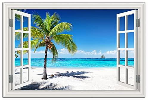 Beach Pictures Wall Art Decor for Living Room Blue Ocean Painting Decor for Bedroom White Window Frame Style Palm Trees Canvas Wall Decor Blue Coastal Landscape Artwork for Bathroom Home Office, Size 47" x 31.1/2" Inch